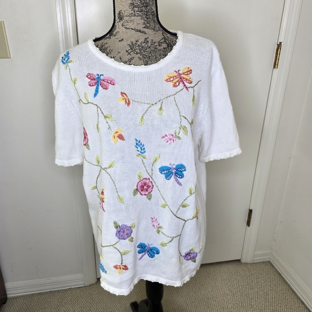Salon Studio 90's Vintage White Floral Embroidered Scoop Neck Knit Top XL